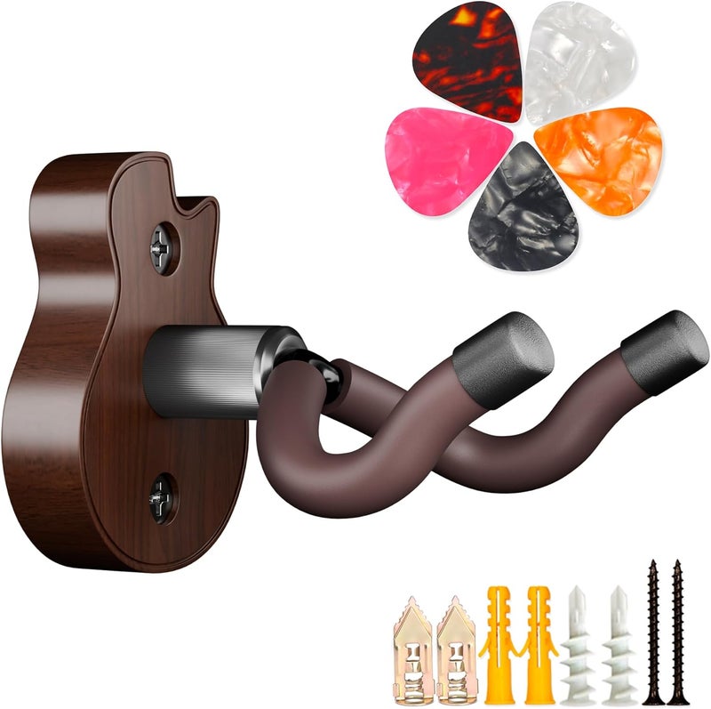 DIDA Guitar Wall Mount - U-Shape Guitar Wall Hangers, Guitar Accessories with 5 Guitar Picks, Guitar Wall Mount Hanger for Acoustic Guitar, Electric Guitar, Banjo, Bass, Mandolin (Style B-Walnut) - Image 1